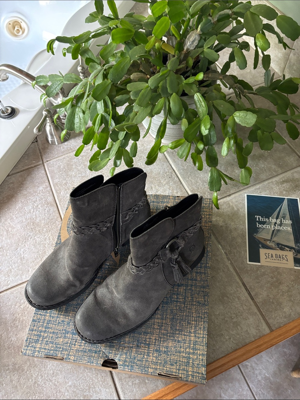 Born Women's Charcoal Gray Suede Ankle Boots with Braided Strap